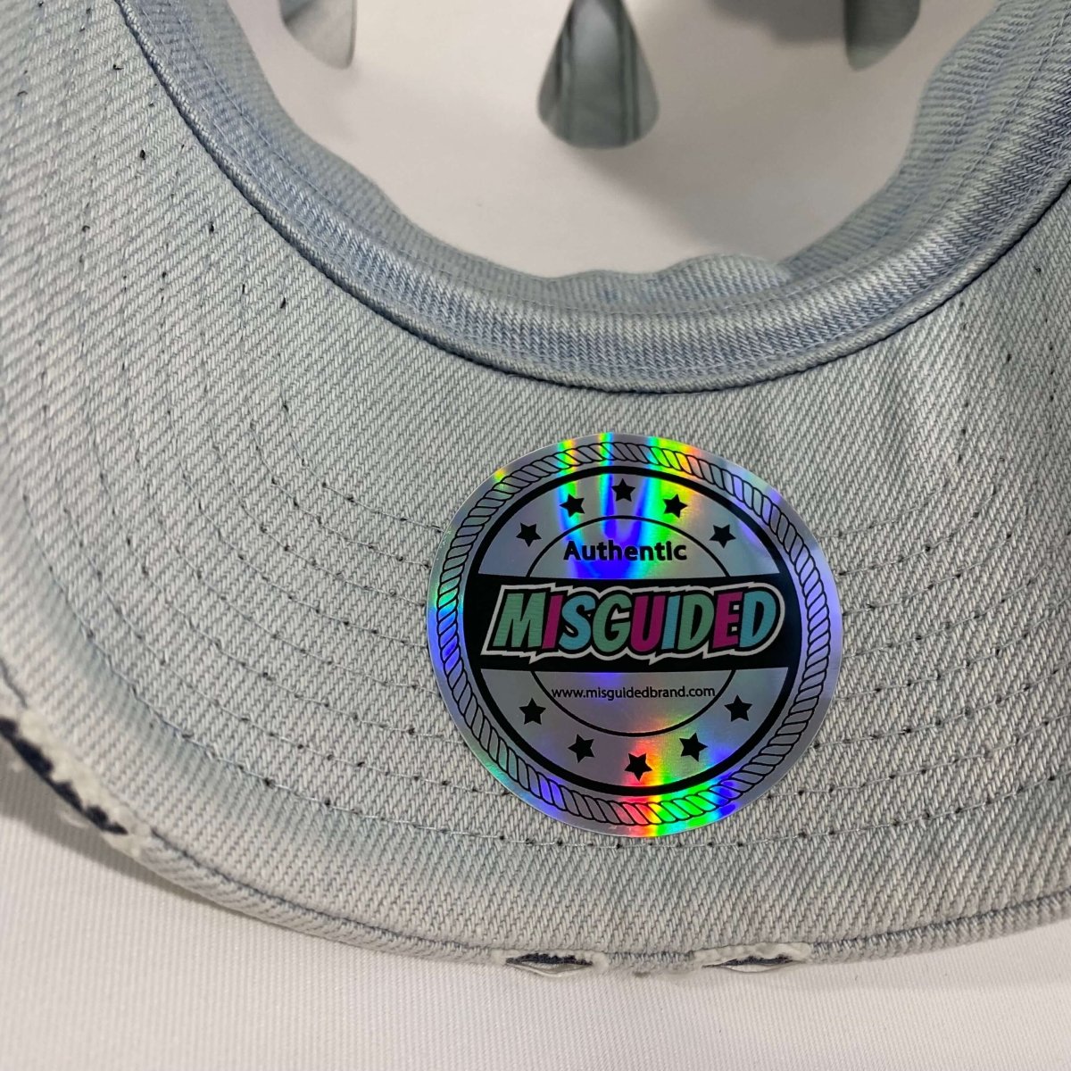 Misguided (Red Oreo 6's) Distressed Dad Hat - Light Denim