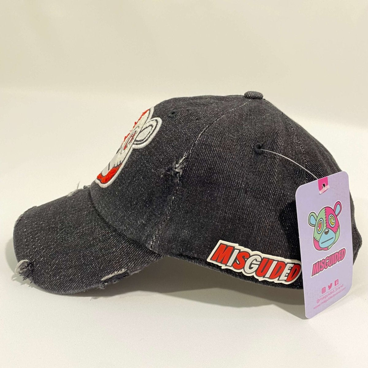 Misguided (Red Oreo 6's) Distressed Dad Hat - Black Denim