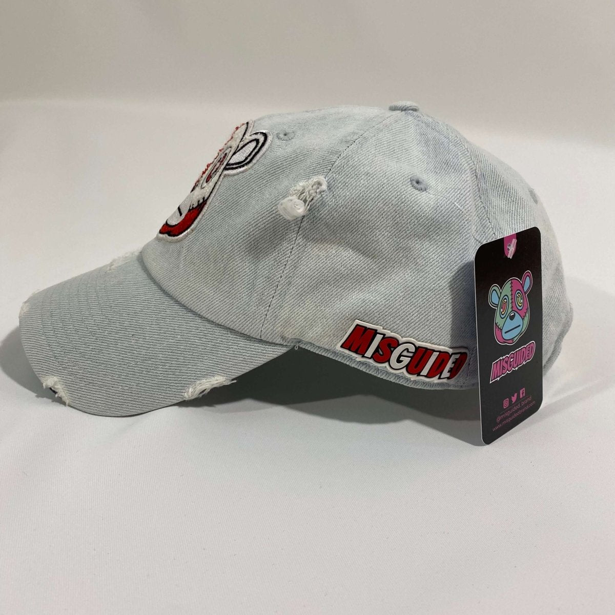 Misguided (Red Oreo 6's) Distressed Dad Hat - Light Denim